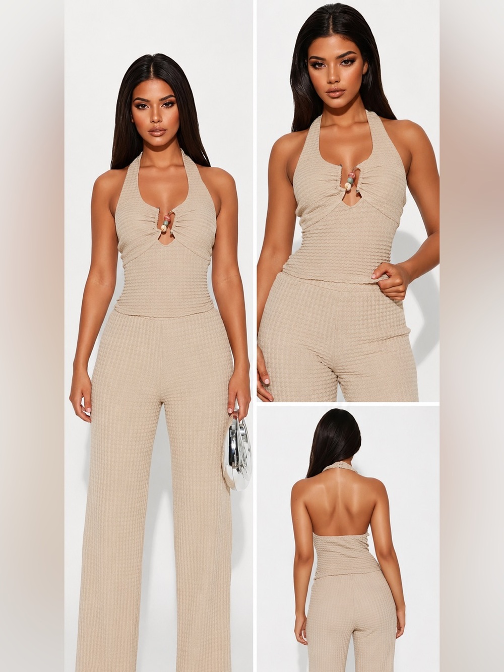 Fashion Nova Ayala Textured Halter Flare Pant Set Beige Size Large Like New